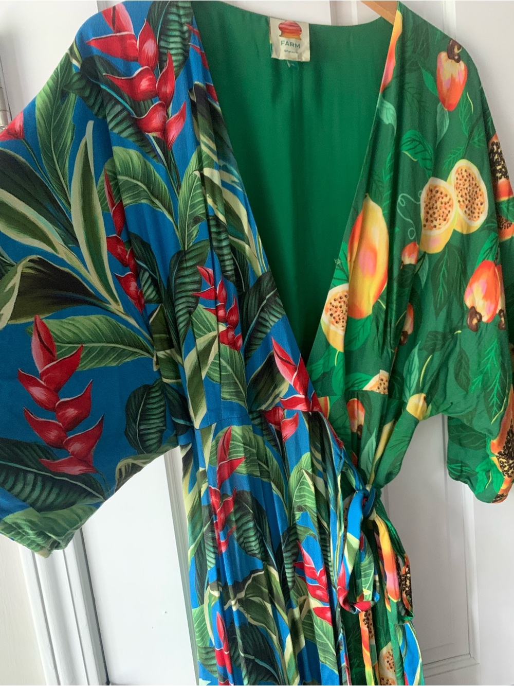 FARM Rio Green Tropical Print Maxi wrap Dress with Blue and Orange Accents - Picture 4 of 5